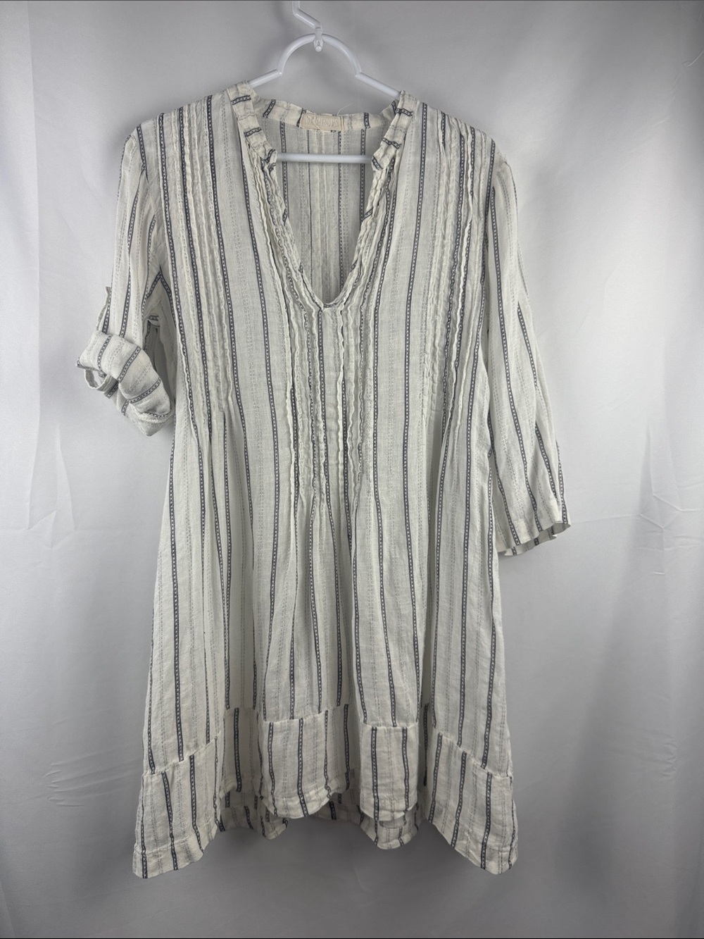 CP Shades 100% Linen Regina Tunic Dress White Gray Roll Tap Size XS USA